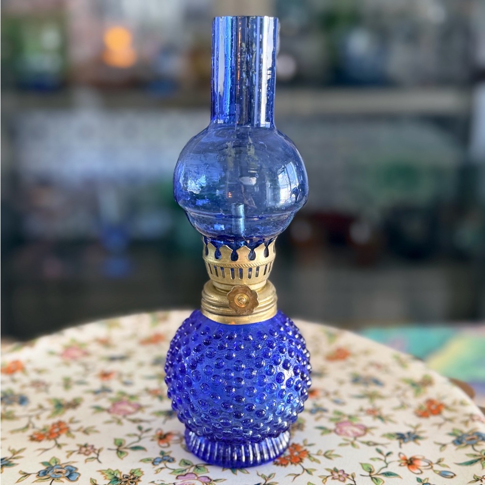 Cobalt Blue Hobnail Glass Oil Lamp